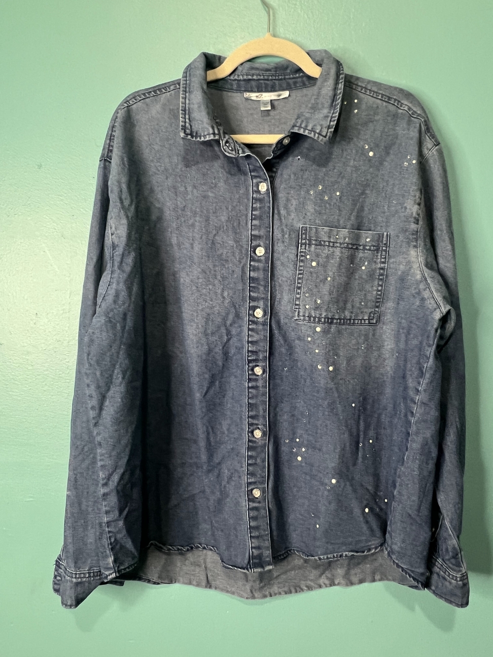 Seven7 Indigo Denim Button-Down Shirt Diamond Detail